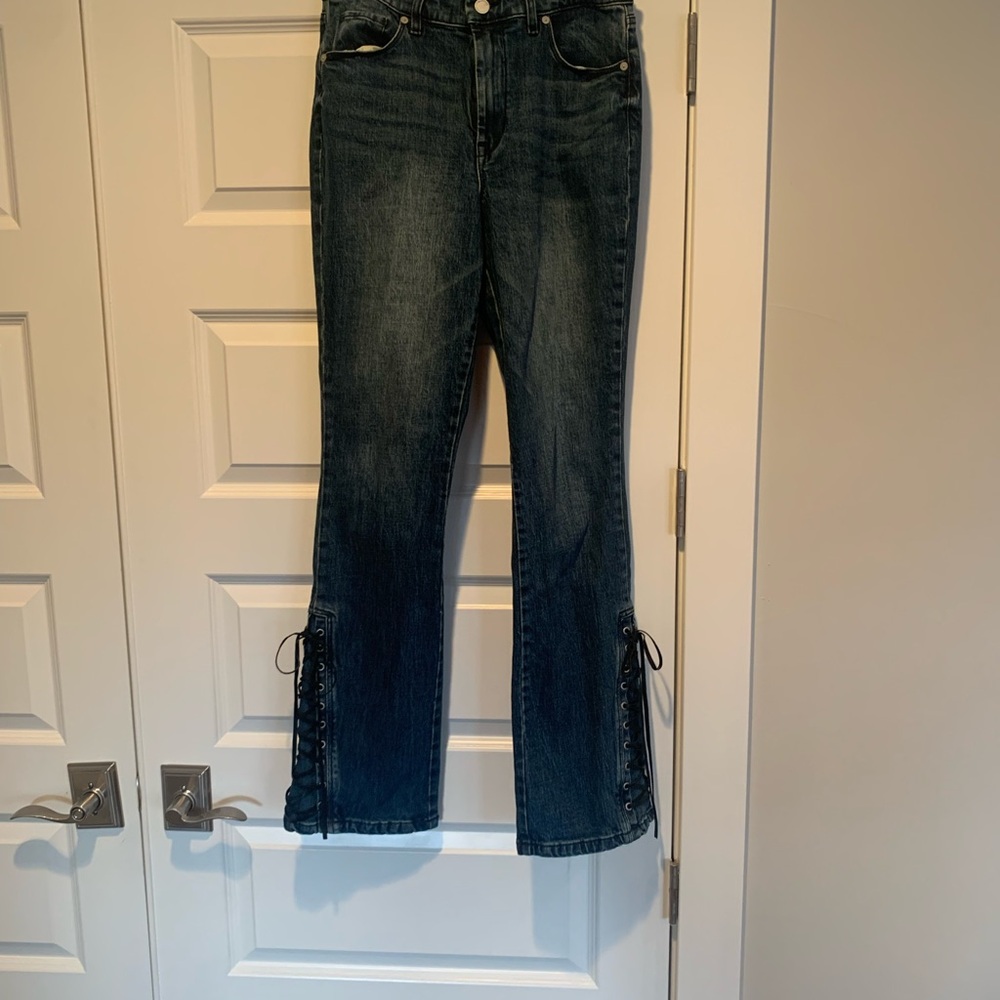 Blank NYC Dark Blue Flare Jeans with Lace-Up Hem